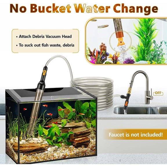 Bucket-Free Aquarium Water Change Kit with Metal Faucet Connector, Fish Tank Vacuum Siphon Gravel Cleaner, and Long Hose 49FT Drain & Fill