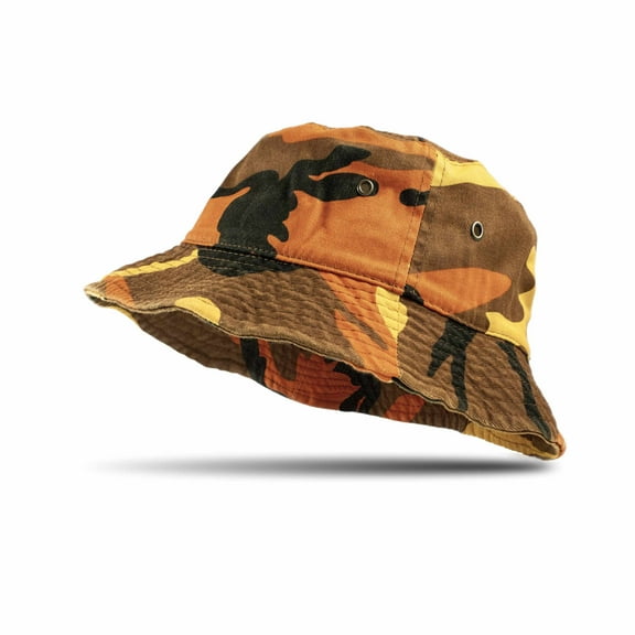 Bucket Hat 100% Cotton Packable Summer Travel Cap Sun hat for Men and Women Orange Camo L/XL