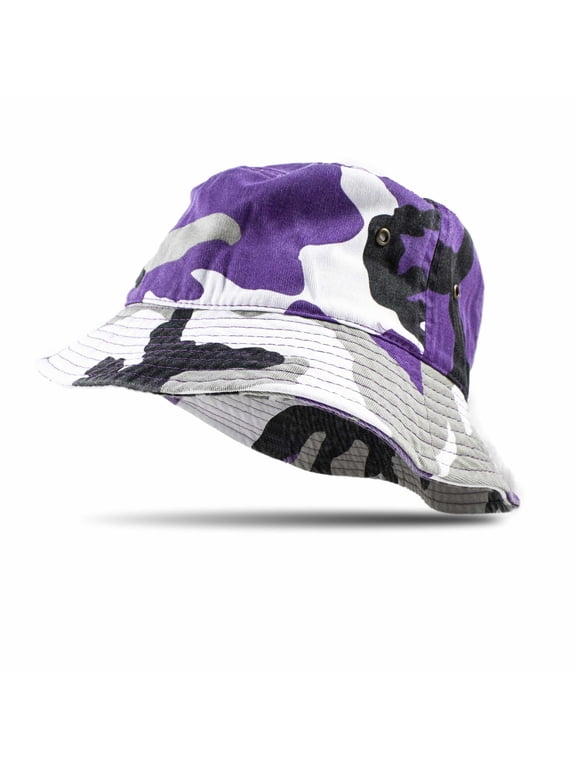 Bucket Hat 100% Cotton Packable Summer Travel Cap Sun hat for Men and Women Purple Camo L/XL