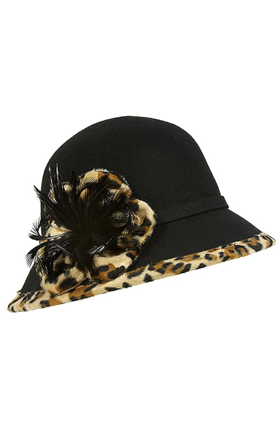 Bucket Hat – 100% Wool w/ Feather Flower & Leopard Print Trim - Black - HT-CC12-1BK