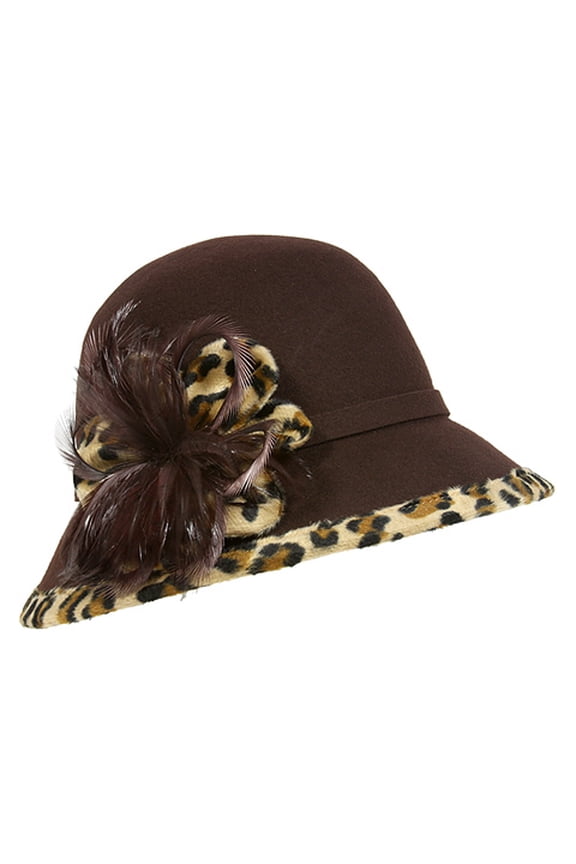 Bucket Hat– 100% Wool w/ Feather Flower & Leopard Print Trim - Brown - HT-CC12-1BR