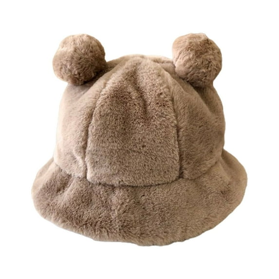 Bucket Hat Bear Ear Thickened Plush Ball Basin Cap for Outdoor