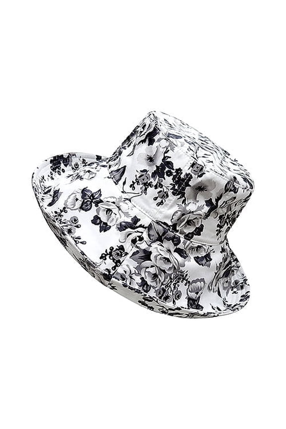 Flower Print 60% Cotton 40% Polyester Bucket Hat, Black and white ,HT-6580BK