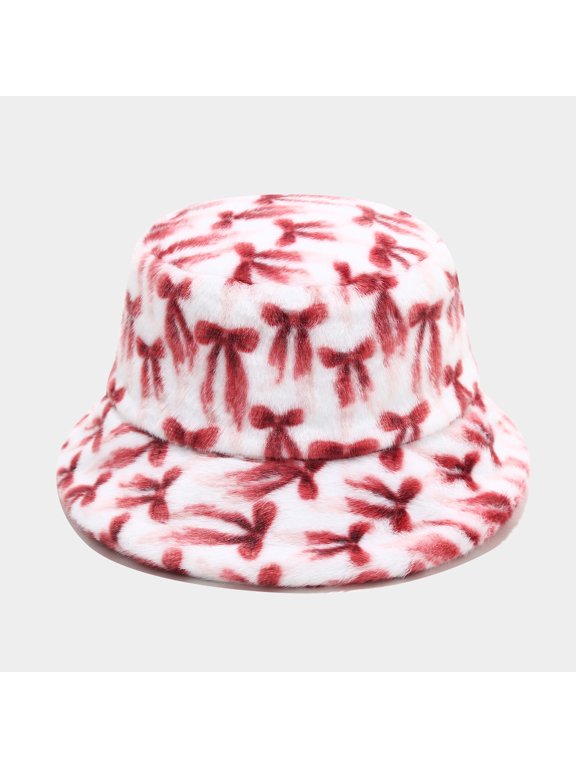 Bucket Hat For Women Sweet Bow Print Thick Soft Plush Wide Brim Hats Elastic Band Ear‑Warming Cold Weather Outdoor Headwear