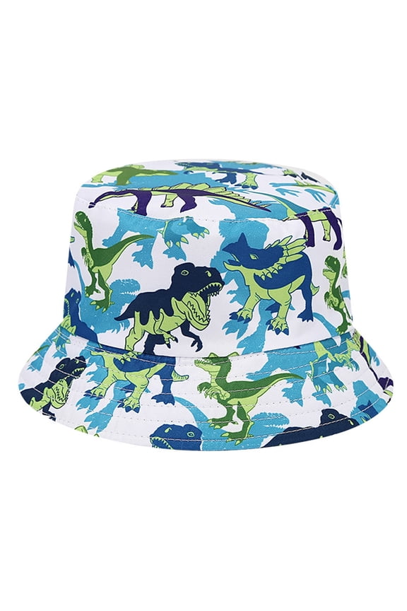 Bucket Hat Lightweight Sun Protection Children‘s Dinosaurs Pattern Double Wear Fisherman Outdoor Summer Hats White