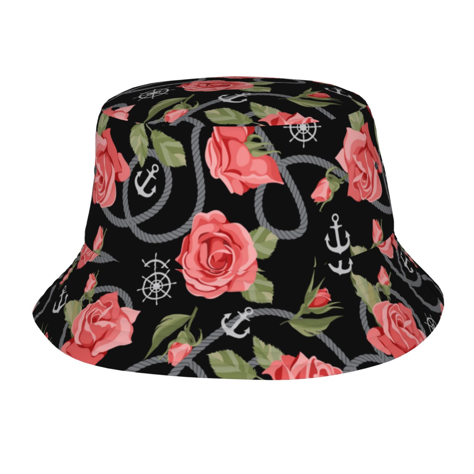 Bucket Hat for Men Women, trendy red roses anchor black Breathable Sun ...