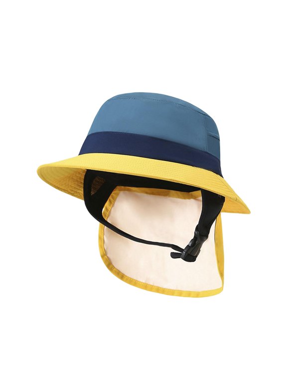 Bucket Hat Sun Protection with Chin Straps Summer Breathable Wide Brim Fisherman Hat for Surfing Water Sports Camping Men Women , blue and yellow