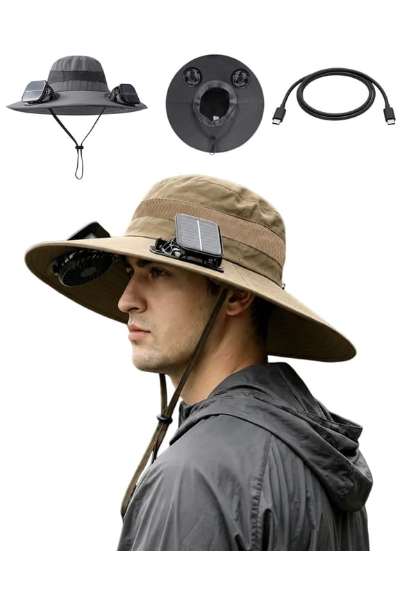 Bucket Hat With Fan, Outdoor Sun Hat with Fans For Men, Solar Cooling Sun Hat with Solar Powered Fans