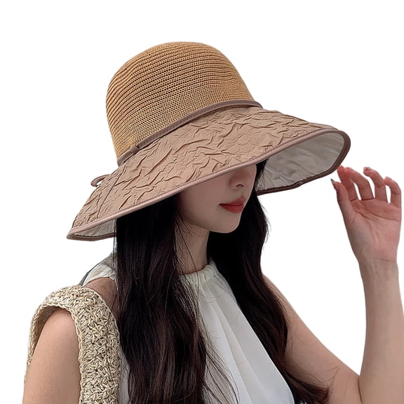 Bucket Hat Women Bow Knot Fisherman Cap Outdoor Wide Brim Knitted Breathable Contrast Color Sunshade Summer Hat
