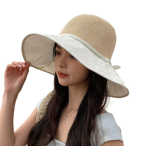 Bucket Hat Women Bow Knot Fisherman Cap Outdoor Wide Brim Knitted Breathable Contrast Color Sunshade Summer Hat