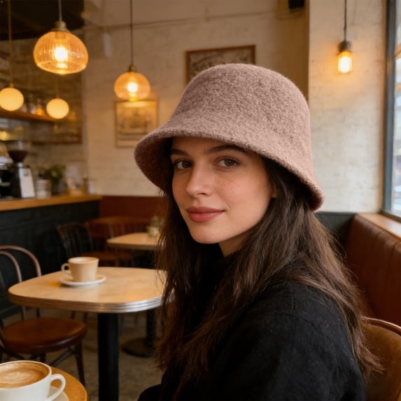 Bucket Hat Wool Blend Fishman Hat for Women Solid Color Knitted Basin Cap (Brown One Size)