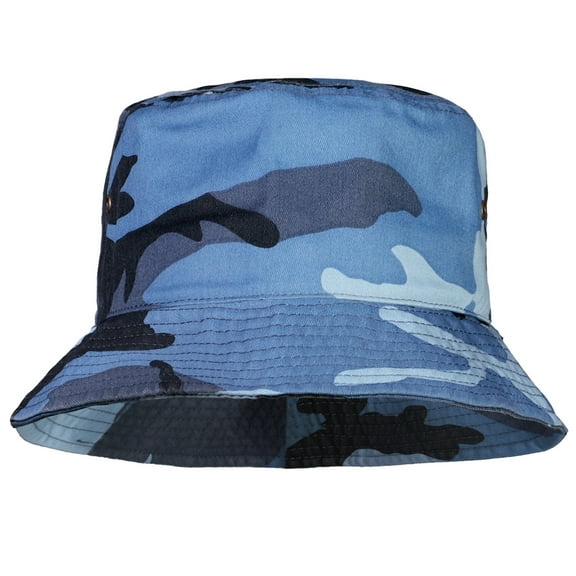 Bucket Hat for Men Women Unisex 100% Cotton Packable Foldable Summer Travel Beach Outdoor Fishing Hat - LXL Blue Camouflage