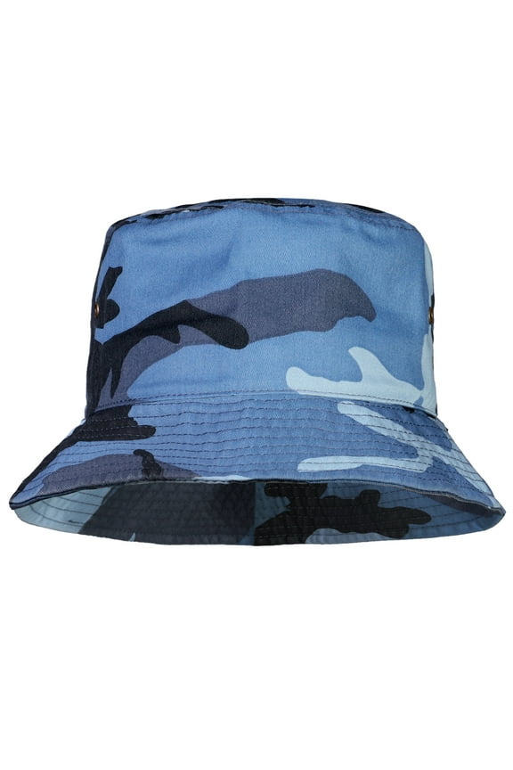 Bucket Hat for Men Women Unisex 100% Cotton Packable Foldable Summer Travel Beach Outdoor Fishing Hat - LXL Blue Camouflage