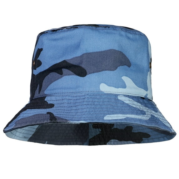 Bucket Hat for Men Women Unisex 100% Cotton Packable Foldable Summer Travel Beach Outdoor Fishing Hat - SM Blue Camouflage