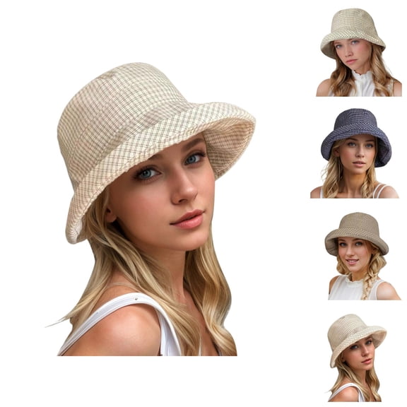 Bucket Hat for Women – Gingham Check Foldable Straw Sun Hat with Wide Brim, UV Protection Beach Hat for Travel, Hiking, Pool and Casual Vacation
