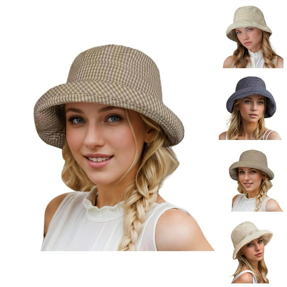 Bucket Hat for Women – Gingham Check Foldable Straw Sun Hat with Wide Brim, UV Protection Beach Hat for Travel, Hiking, Pool and Casual Vacation