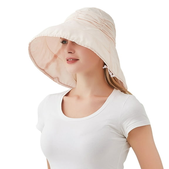 Bucket Hat for Women Large Brim Round Retractable Sun Visors Foldable Solid Color Casual Fisherman Caps with Strings