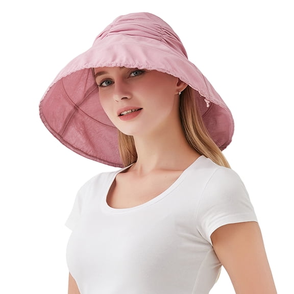Bucket Hat for Women Large Brim Round Retractable Sun Visors Foldable Solid Color Casual Fisherman Caps with Strings