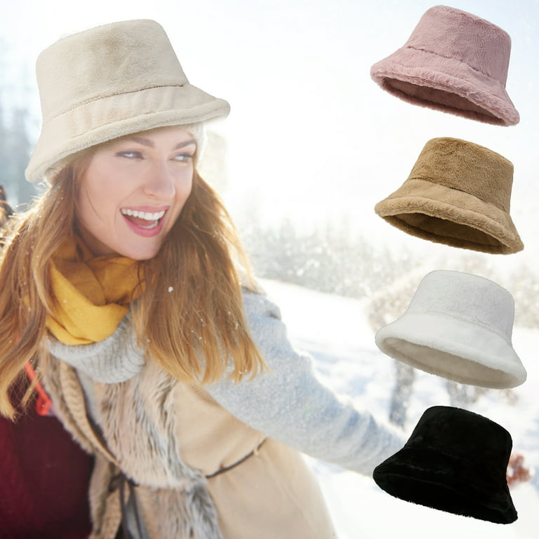 Bucket Hats for Women Winter Warm Comfort Cap Lamb Wool Outdoor Windproof  Fisherman Hat Faux Fur Furry Bucket Hat 