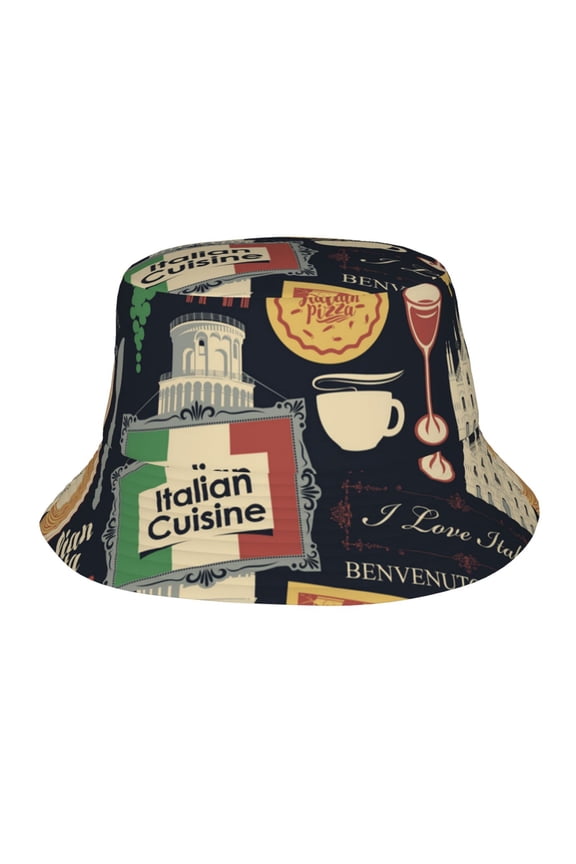 Bucket Hats Travel Beach Sun Unisex Packable Fisherman Cap for Women Men , Italian Cuisine Pasta Wine Pizza Retro
