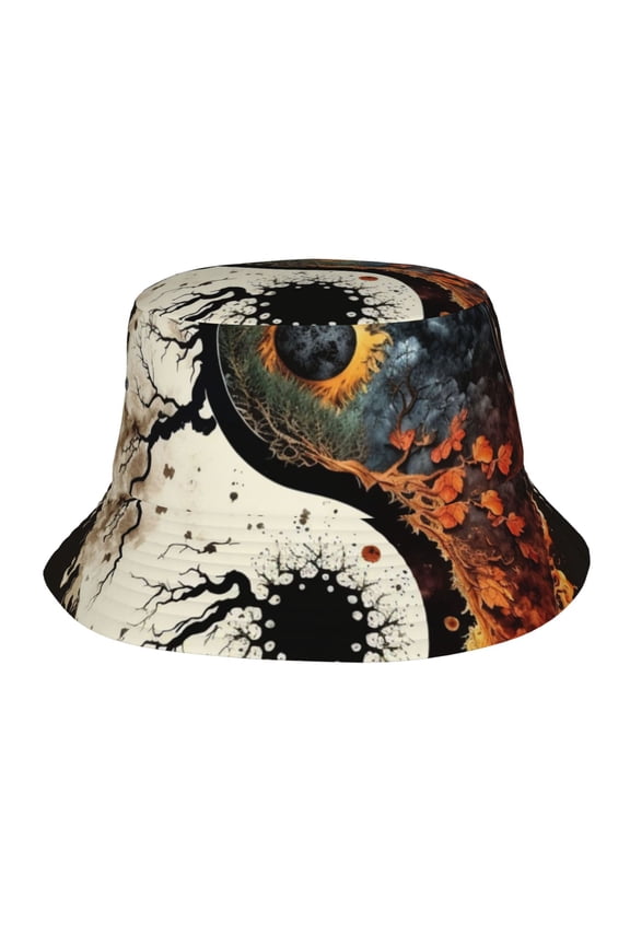 Bucket Hats Travel Beach Sun Unisex Packable Fisherman Cap for Women Men , Round Oriental Symbol Burning