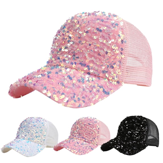 Bucket Hats for Woman VLOOCKLW Studded Rhinestone Crystals Adjustable Ponytail Mesh Baseball Cap Shiny Bling Casual Sports Cap Breathable Sun Hat