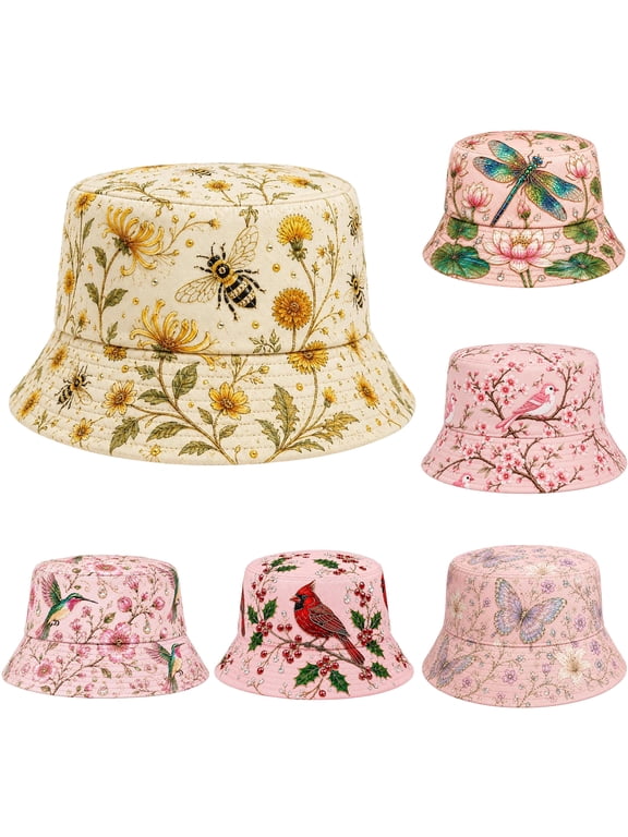 Bucket Hats for Women Garden Floral Bee Dragonfly Bird Print Fisherman Hat Lightweight Breathable Packable Daily Sun Hat