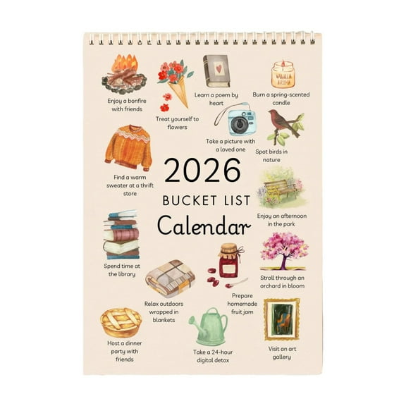Bucket List Calendar 2026, 12-Month Wall Calendar with Illustrated Pages, Hanging Monthly Calendar for Home Office School, Inspirational Gifts for Women Men, Twin-Wire Binding, 11"