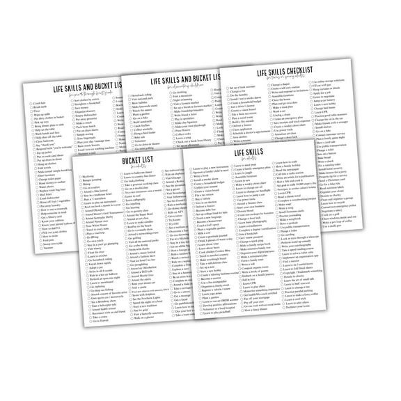 Bucket List and Life Skills Checklist for Growing Up Ages Elementary to Adult 25 pk 8.5x11 5 of Each List ADHD Planning Things To Do Graduating