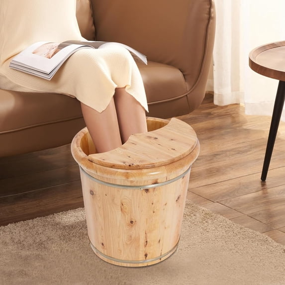 Modern Foot Tub,15.75" D × 15.75" H Wooden Foot Soak Footbath for Soaking Feet for Solid Wood Handmade Wooden Basin Set with Stool & Lid (Wood)