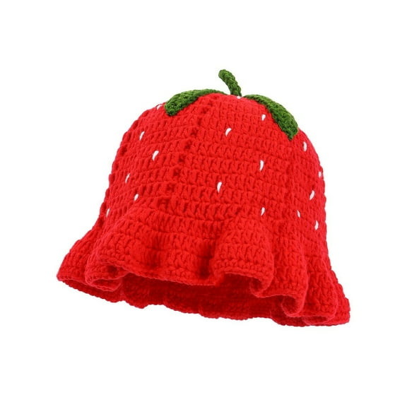 Bucket for Women Ladies' Hand Crocheted Knitted Hat Sweet And Cute Warm Fisherman With Ruffled Strawberry Designed Wool Red