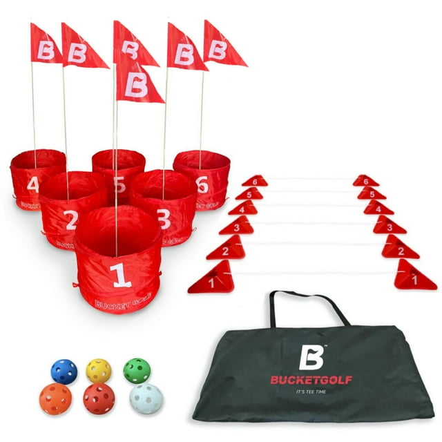 Bucketgolf Ultimate Outdoor Putting Challenge Set, Red 6Hole Backyard