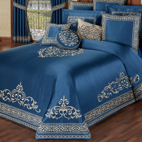 Buckingham Royal Style Bedding, Gold-Embroidered Sapphire Blue, 3-pc Queen Bedspread Set
