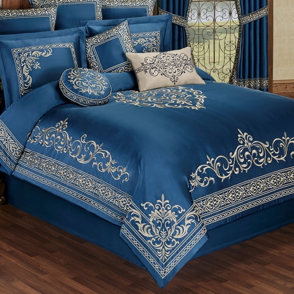 Buckingham Royal Style Bedding, Gold-Embroidered Sapphire Blue, 7-pc King Comforter Set