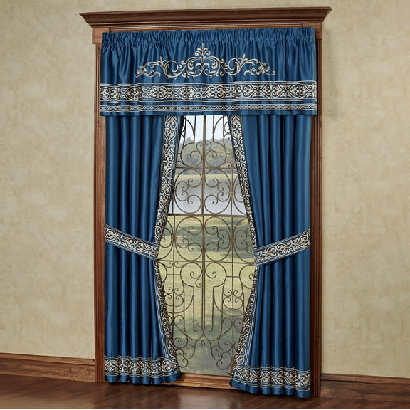 Buckingham Royal Style Window Set, Gold-Embroidered Sapphire Blue, Valance & 96L Curtains
