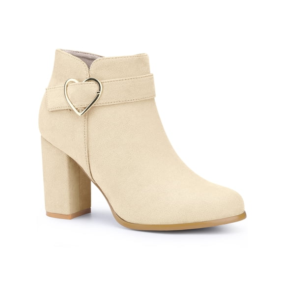 BLISSFUL STEP Women's Ankle Boots Chunky Block Heel Round Toe Heart Buckle Faux Suede Boots Beige 6