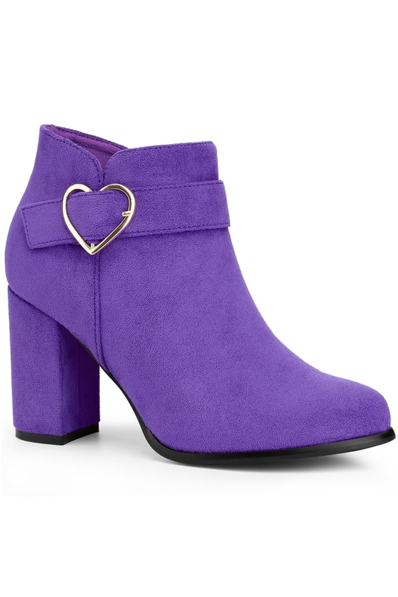 Women's Ankle Boots Chunky Block Heel Round Toe Heart Buckle Faux Suede Boots Dark Purple 7