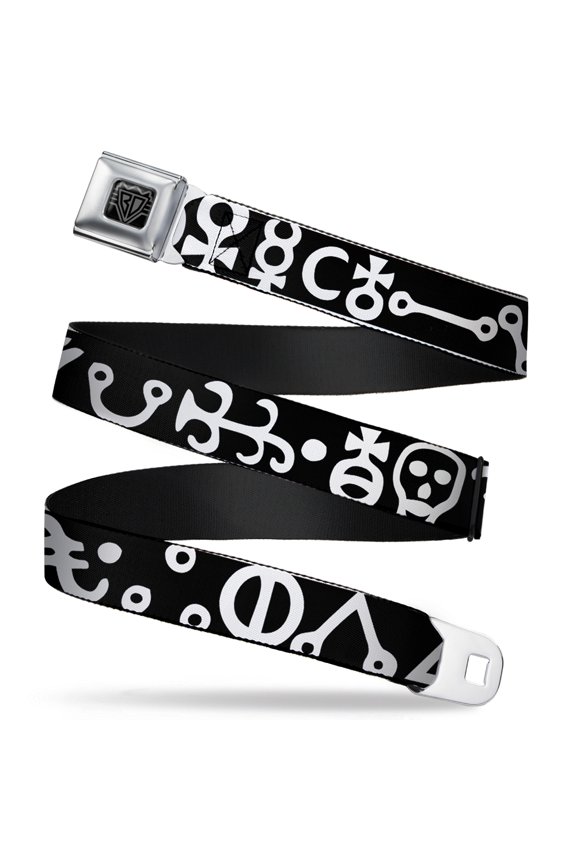 Belt, Seatbelt Buckle Belt, Alchemy Symbols Close Up Black White, Youth 22 to 32 Inches