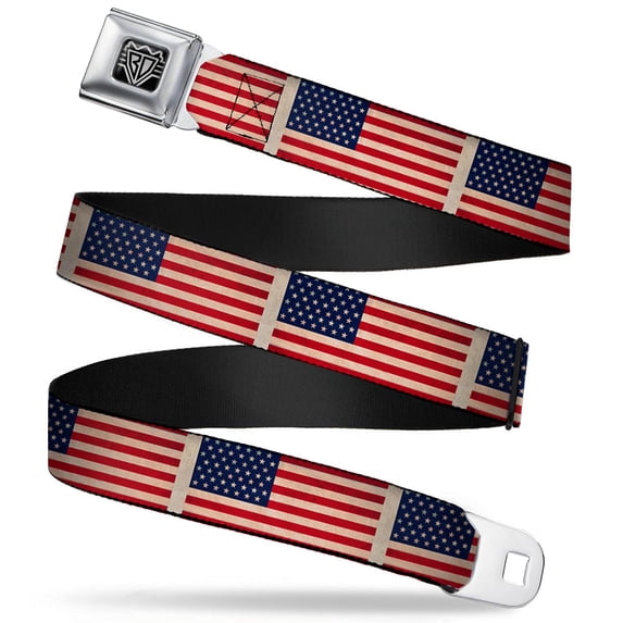 Buckle-Down Belt, Seatbelt Buckle Belt, American Flag Weathered Color Repeat, Youth 22 to 32 Inches