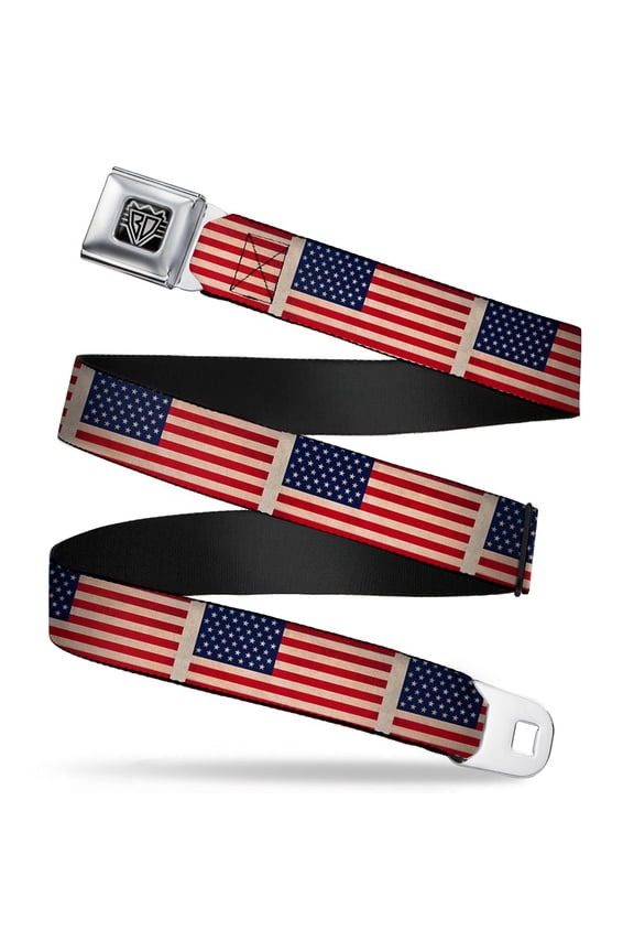 Belt, Seatbelt Buckle Belt, American Flag Weathered Color Repeat, Youth 22 to 32 Inches