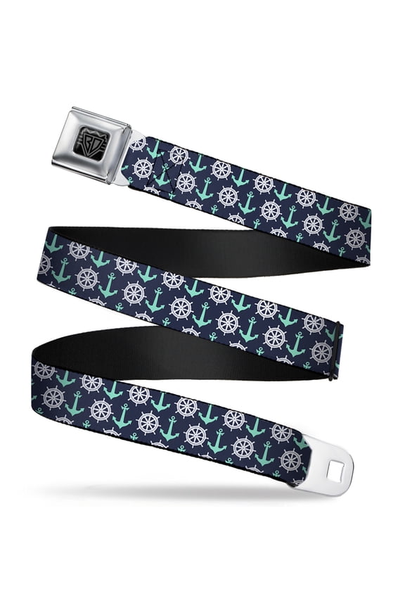 Belt, Seatbelt Buckle Belt, Anchor Helm Monogram Navy Turquoise White, Youth 22 to 32 Inches