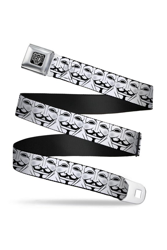 Belt, Seatbelt Buckle Belt, Anonymous Face Close Up Repeat White Black Gray, Youth 22 to 32 Inches