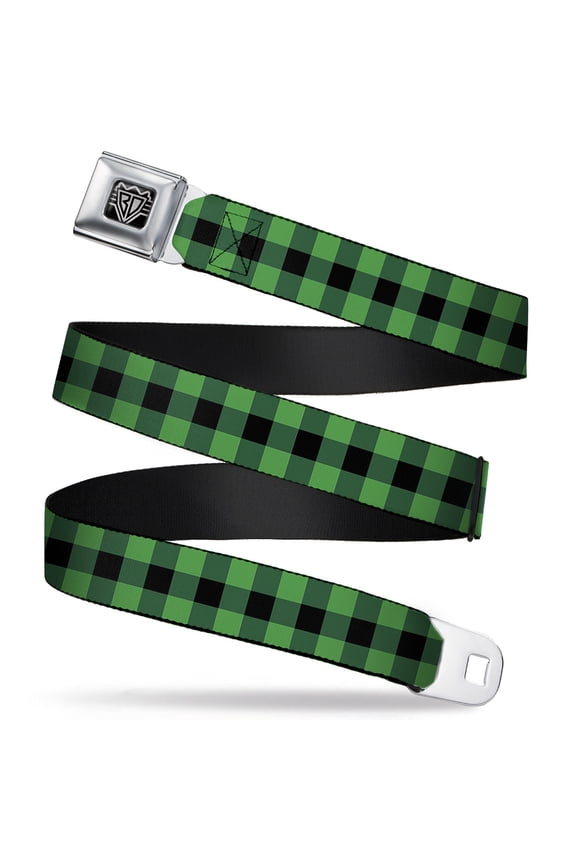 Belt, Seatbelt Buckle Belt, Buffalo Plaid Black Neon Green, 34 to 52 Inches