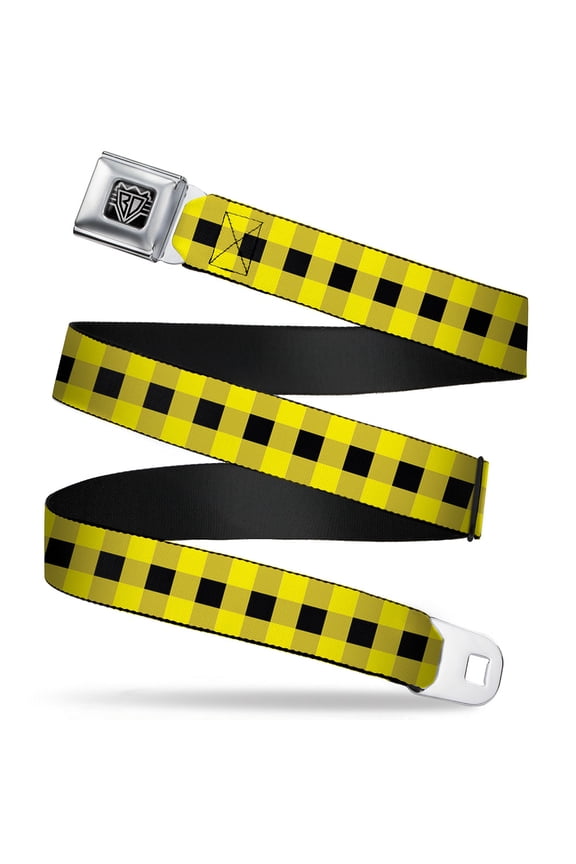 Belt, Seatbelt Buckle Belt, Buffalo Plaid Black Neon Yellow, 30 to 44 Inches