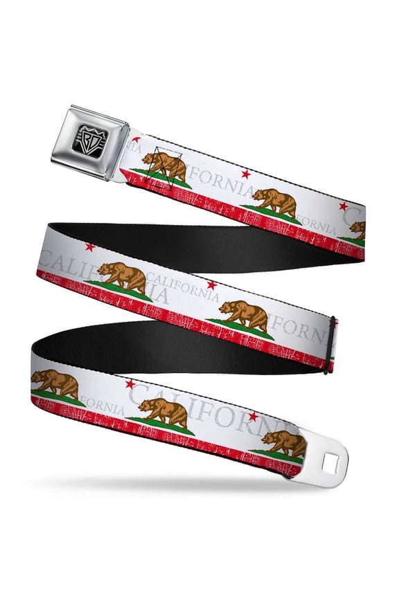 Belt, Seatbelt Buckle Belt, California Bear Star Crackle Stripe White Gray Red, Youth 22 to 32 Inches
