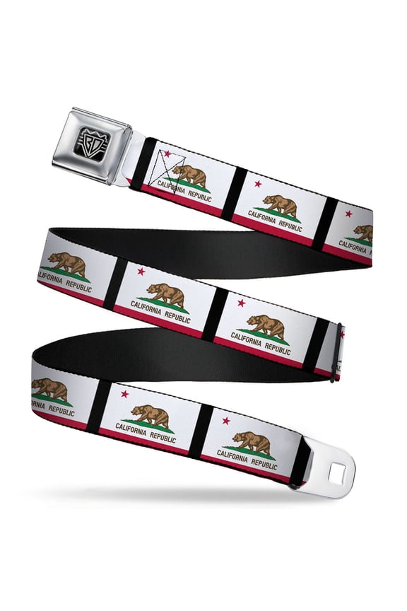 Belt, Seatbelt Buckle Belt, California Flag Repeat Black, Youth 22 to 32 Inches