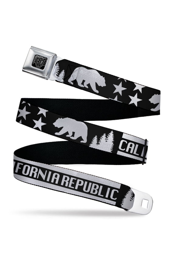 Belt, Seatbelt Buckle Belt, California Republic Bear Stars Silhouette Black White, Youth 22 to 32 Inches