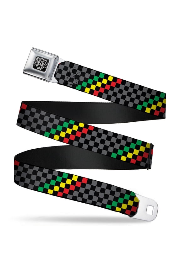 Belt, Seatbelt Buckle Belt, Checker Stripe Black Gray Rasta, Youth 22 to 32 Inches