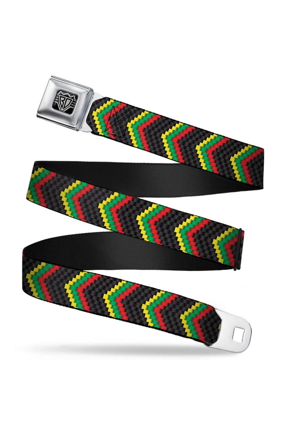 Belt, Seatbelt Buckle Belt, Chevron Weave Black Rasta, Youth 22 to 32 Inches