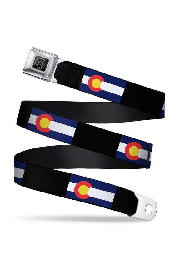 Belt, Seatbelt Buckle Belt, Colorado Flags Black, Youth 22 to 32 Inches